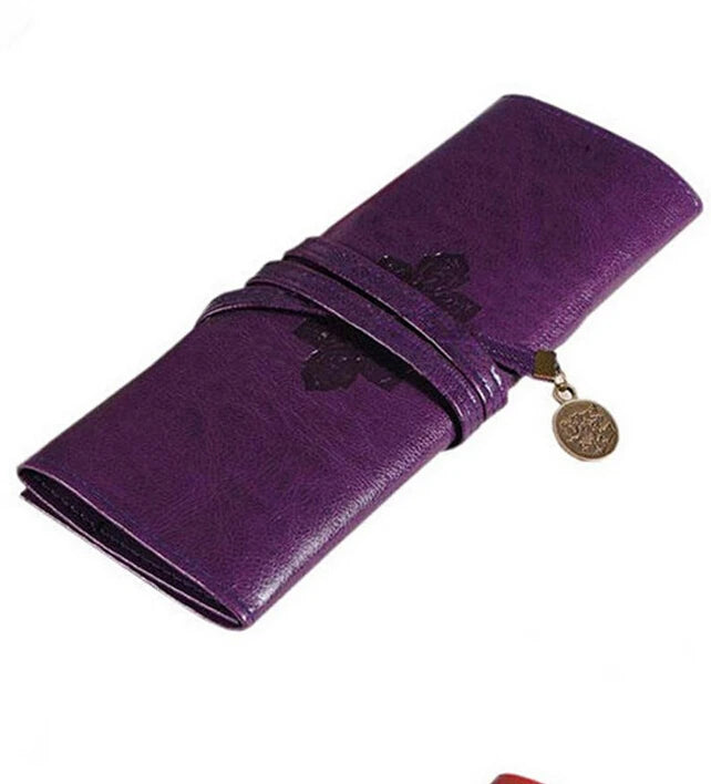 Vintage Women Roll Leather Purse Makeup Cosmetic Pen Pencil Brush Bag