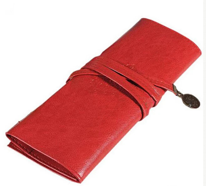 Vintage Women Roll Leather Purse Makeup Cosmetic Pen Pencil Brush Bag