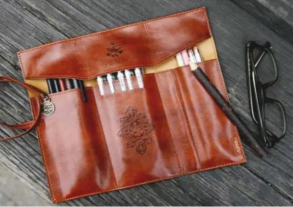 Vintage Women Roll Leather Purse Makeup Cosmetic Pen Pencil Brush Bag