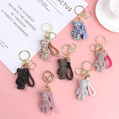 Rhinestone Leather Strap Car Key Chain with Bear Animal Pendant