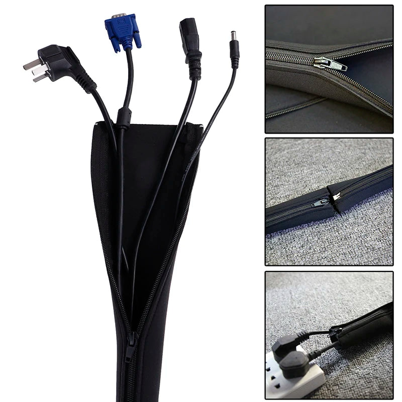 Neoprene Cable Management Sleeve Zipper Wrap Wire Hider Cover Organizer