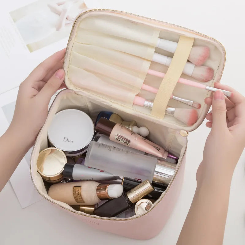 Large Women Cosmetic Bag PU Leather Waterproof Make Up Bag Travel Organizer