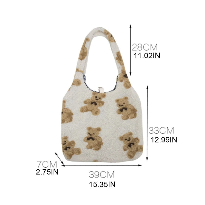 Women Lamb Like Fabrics Shoulder Tote Bag Fluffy Fur Bear Handbags