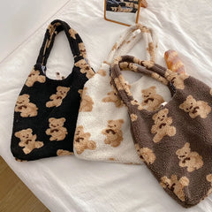 Women Lamb Like Fabrics Shoulder Tote Bag Fluffy Fur Bear Handbags