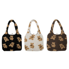 Women Lamb Like Fabrics Shoulder Tote Bag Fluffy Fur Bear Handbags
