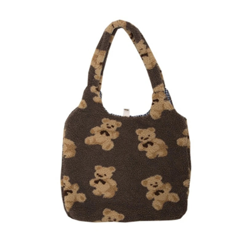 Women Lamb Like Fabrics Shoulder Tote Bag Fluffy Fur Bear Handbags