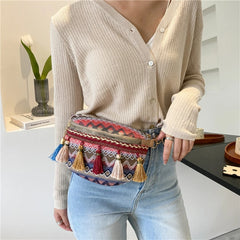 Women Messenger Bag Colorful Tassel Straw Woven Ethnic Style Chest Bag Waist Bag