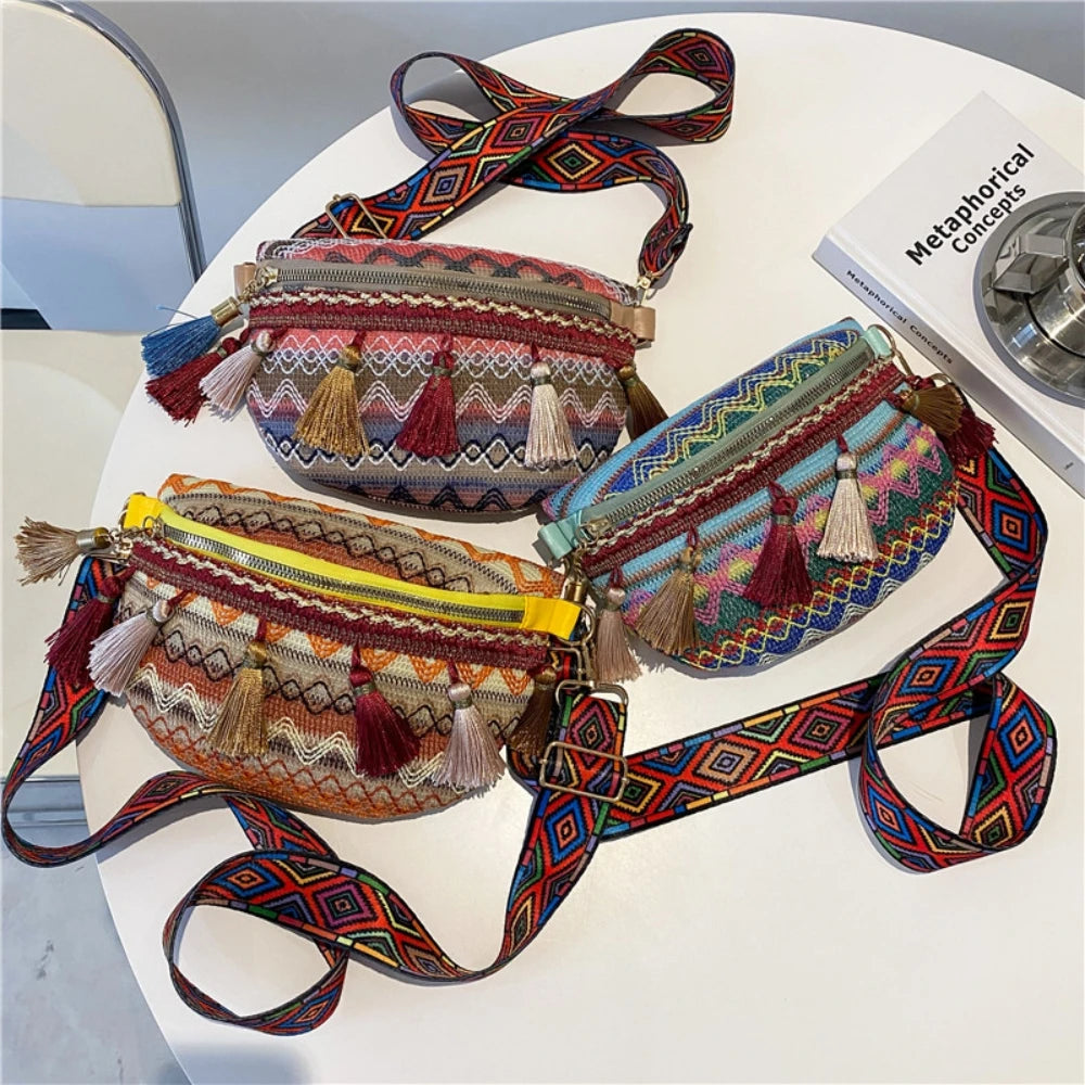 Women Messenger Bag Colorful Tassel Straw Woven Ethnic Style Chest Bag Waist Bag