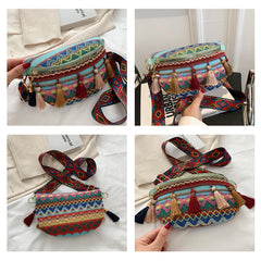 Women Messenger Bag Colorful Tassel Straw Woven Ethnic Style Chest Bag Waist Bag
