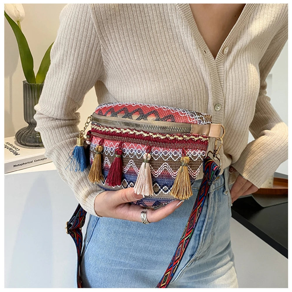 Women Messenger Bag Colorful Tassel Straw Woven Ethnic Style Chest Bag Waist Bag