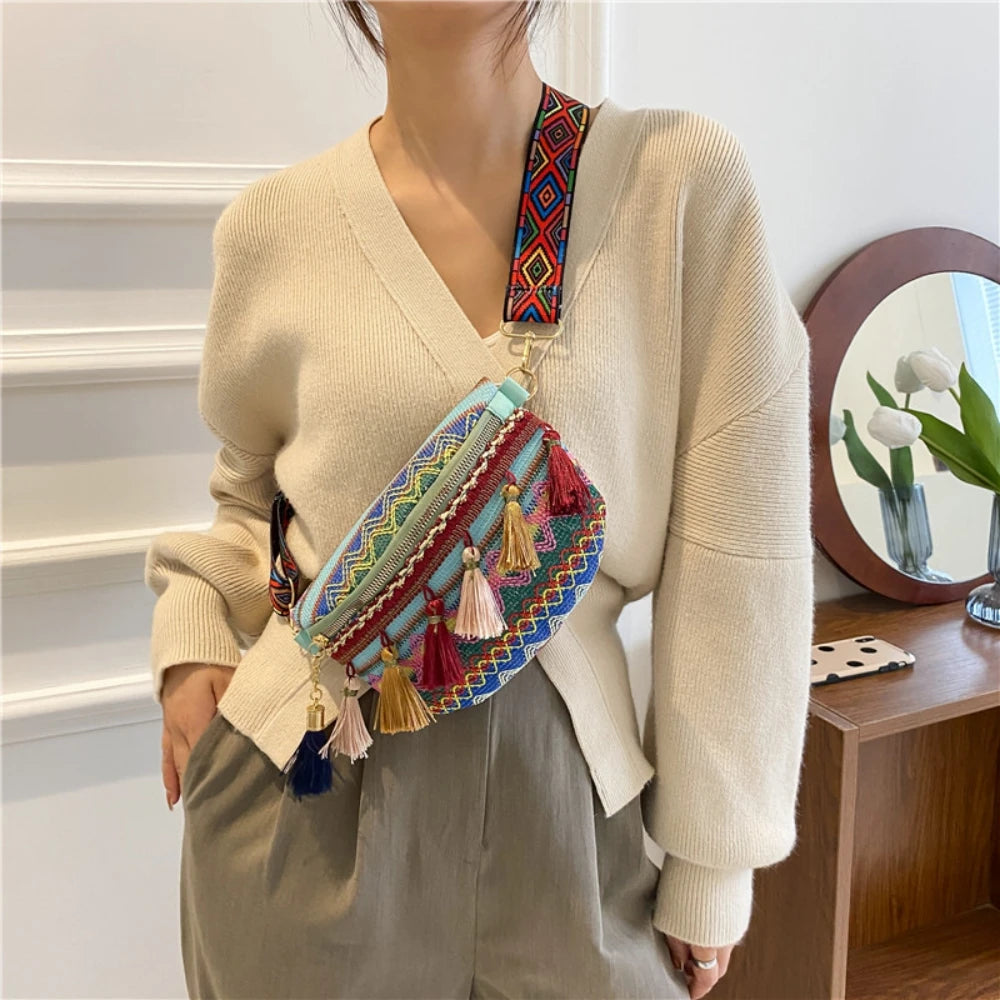 Women Messenger Bag Colorful Tassel Straw Woven Ethnic Style Chest Bag Waist Bag