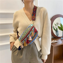 Women Messenger Bag Colorful Tassel Straw Woven Ethnic Style Chest Bag Waist Bag