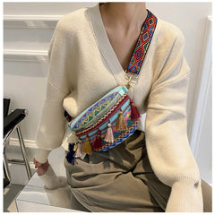Women Messenger Bag Colorful Tassel Straw Woven Ethnic Style Chest Bag Waist Bag