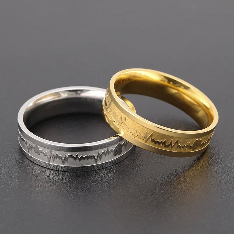 Classic Titanium Steel ECG Wave Heartbeat Ring Couple Wedding Rings Gift