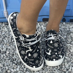Women's Christmas Deer Sneakers Lace Up Flat Casual Shoes