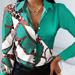 Colorblock Chain Print Long Sleeve Blouse