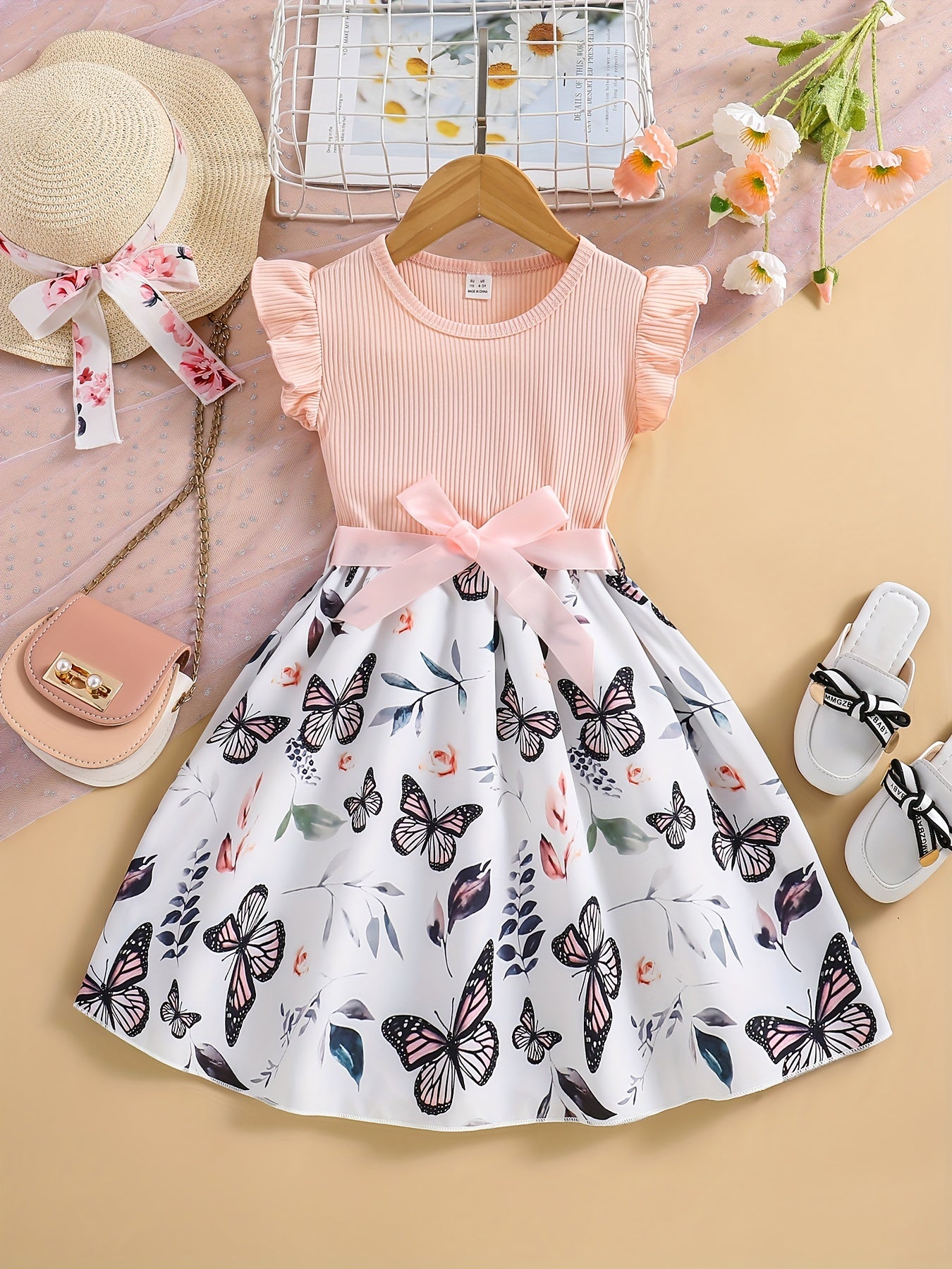 Girls Butterfly Print Skirt Dress Ribbed Ruffle Top Summer Casual Clothes