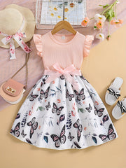 Girls Butterfly Print Skirt Dress Ribbed Ruffle Top Summer Casual Clothes