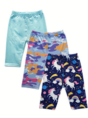 3pcs Girls' Casual Shorts Leggings Unicorn Starry Sky Bike Dance Shorts