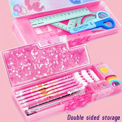Purple Sequin Quicksand Pencil Case with Rabbit Print Sharpener & Lock