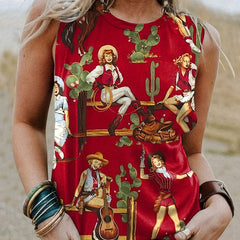 Cartoon Print Tank Top Crew Neck Sleeveless Top