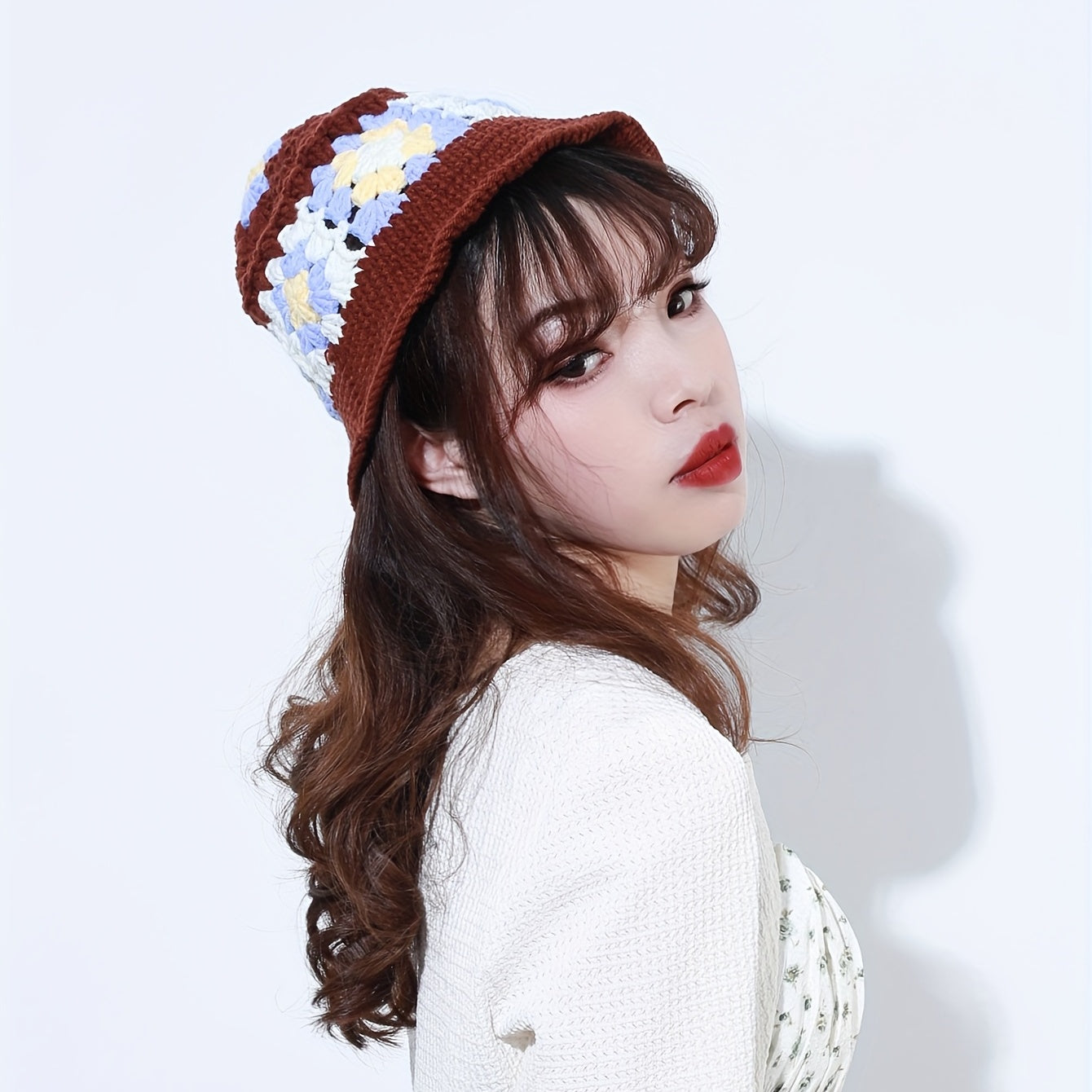 Vintage Flower Crochet Bucket Hat Block Knitted Cloche Hat