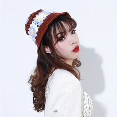 Vintage Flower Crochet Bucket Hat Block Knitted Cloche Hat