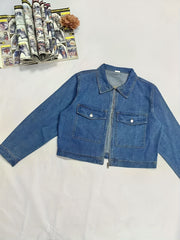 Women's Plus Denim Jacket Long Sleeve Zipper Collar Casual Top