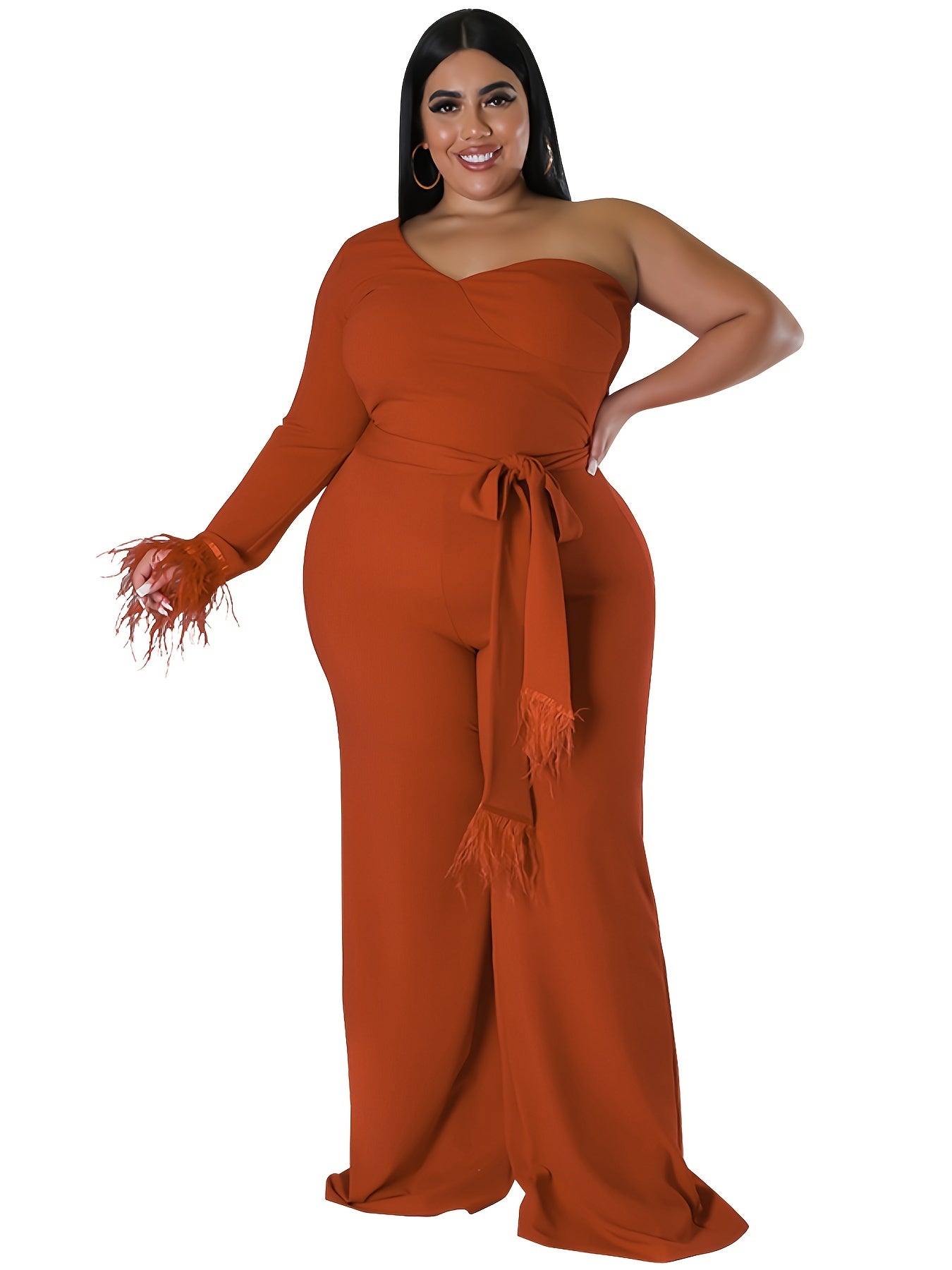 Solid Tassel Trim One Shoulder Jumpsuit Plus Size