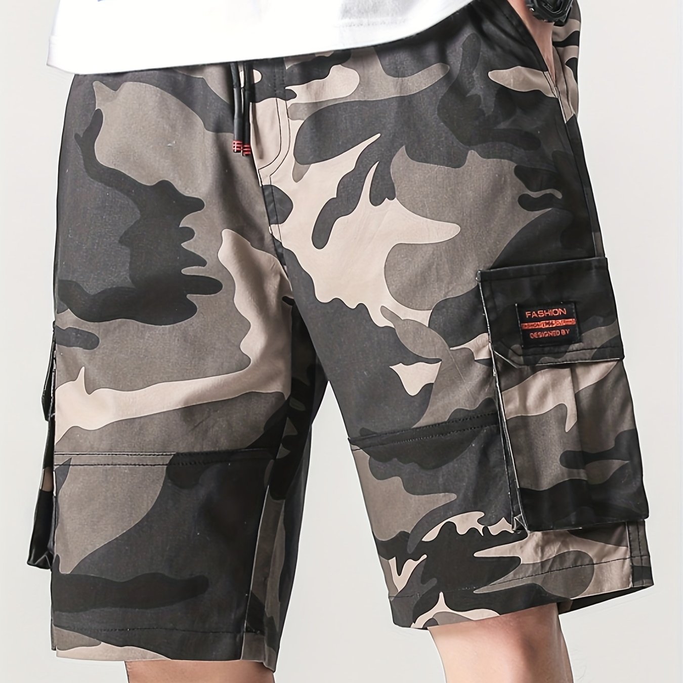 Men's Camo Cargo Shorts Elastic Waist Drawstring Summer Outdoor