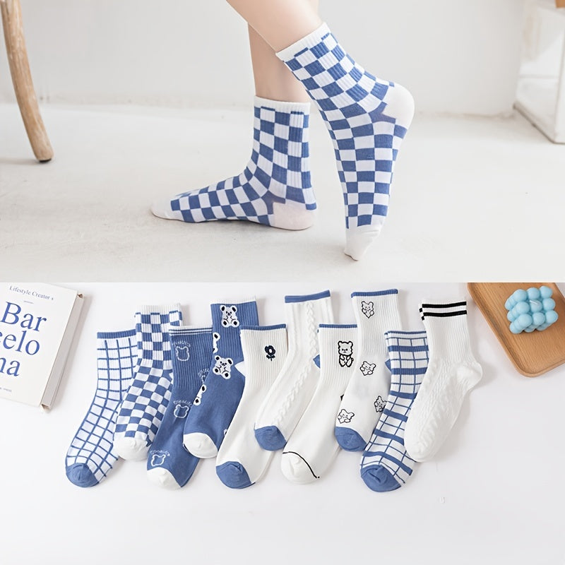 Bear Print Crew Socks Plaid Stockings 6 8 10 Pairs