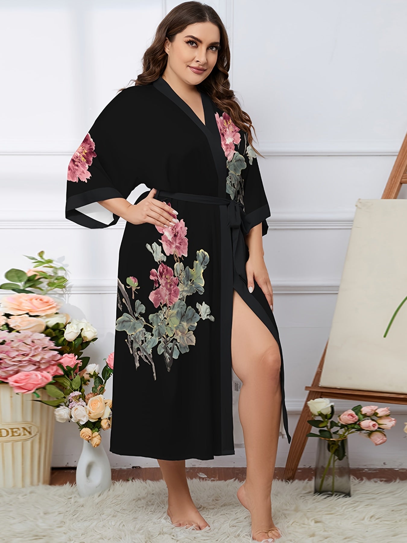 Floral Print Plus Size Long Sleeve Nightgown