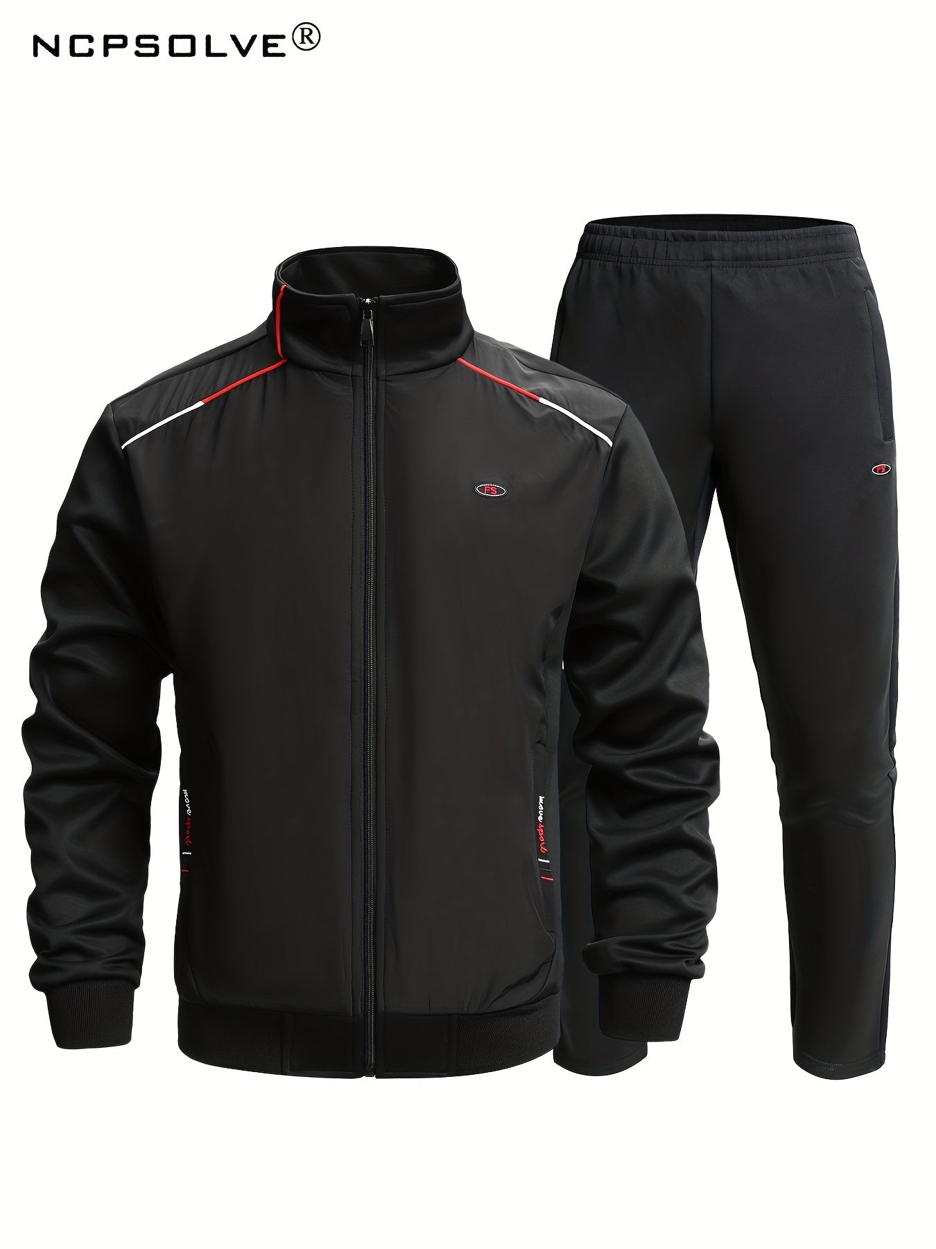 Men's Sports Suit Solid Stand Collar Zip Up Jacket & Stretch Elastic Waist Pants