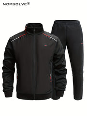 Men's Sports Suit Solid Stand Collar Zip Up Jacket & Stretch Elastic Waist Pants