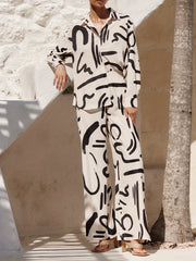 Allover Print Two piece Long Sleeve Shirt & Wide Leg Pants Set