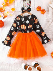 Halloween Tutu Dress For Little Girls Pumpkin Ghost Long Sleeve Party Outfit