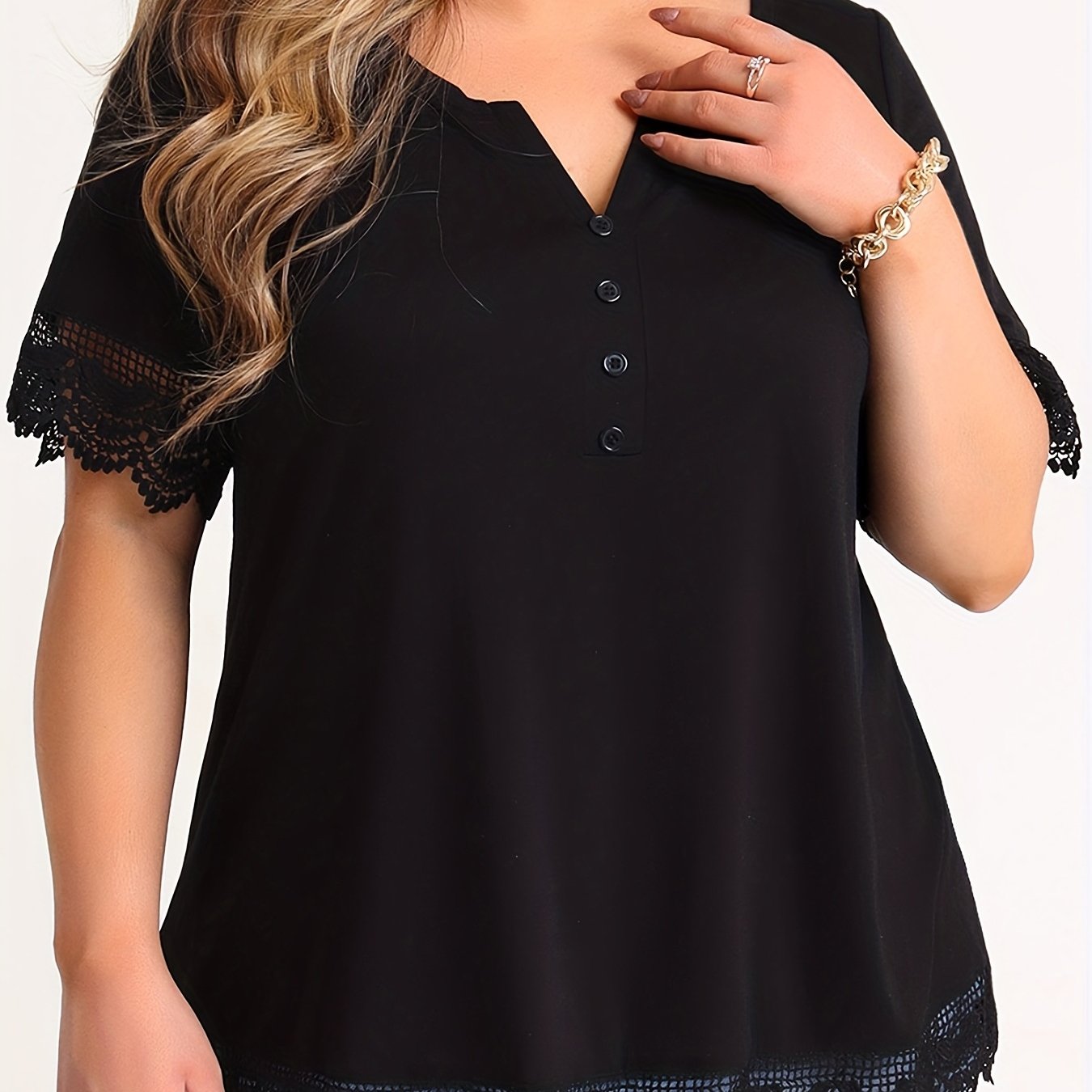 Eyelet Embroidered Plus Size Casual Top with Notched Neck