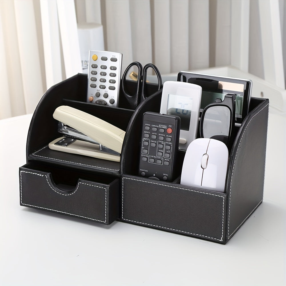 PU Half Leather Desktop Storage Pen Holder with Drawer