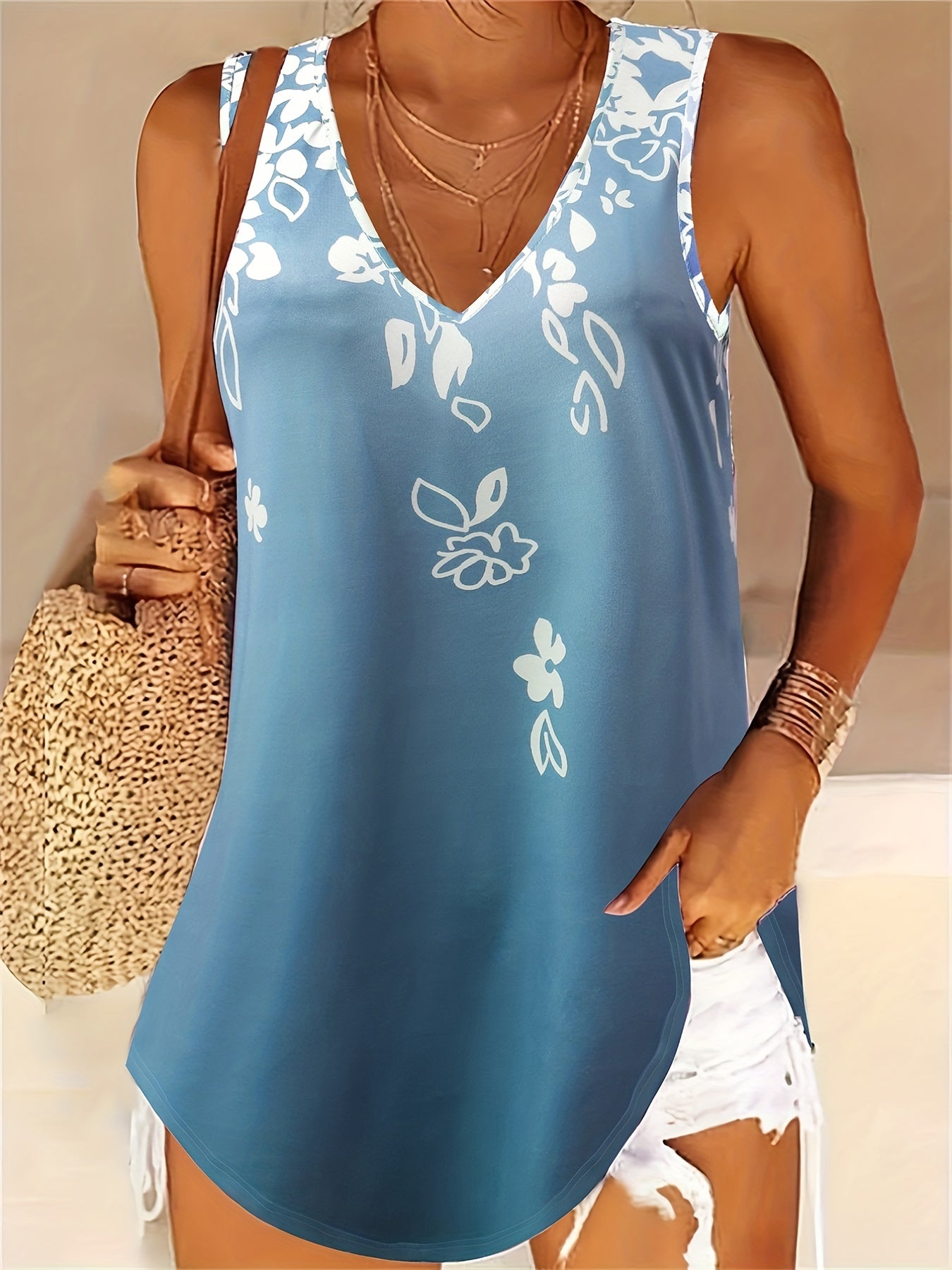 Floral Print V Neck Tank Top Women's Sleeveless Summer Casual Wear