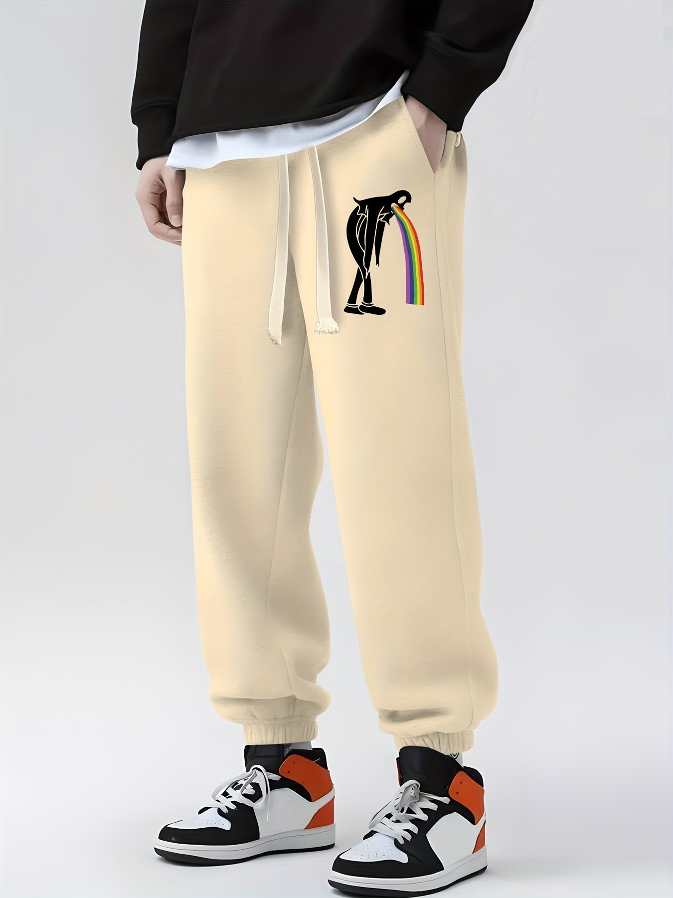 Funny Sheet Ghost Vomiting Rainbow Print Drawstring Sweatpants Loose Fit Pants