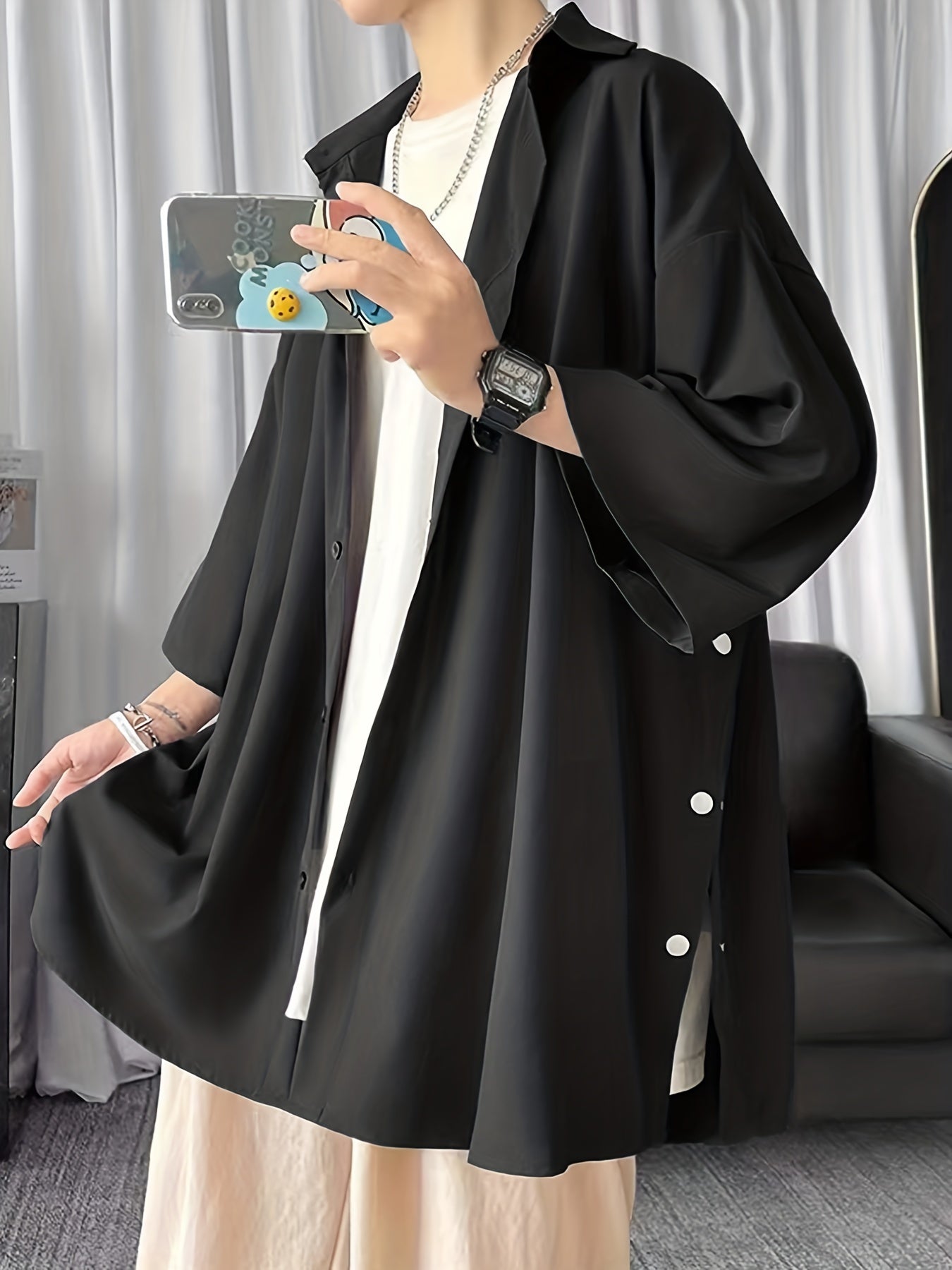 Men's Casual Shirt with Side Slit and 3/4 Sleeves Regular Fit Solid Male Top