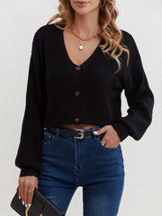 Solid Button Up Crop Cardigan Casual Long Sleeve Sweater