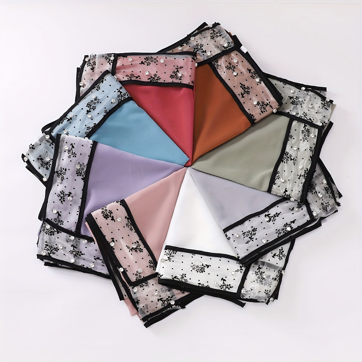 Chiffon Square Scarf Faux Pearl Decor Lace Hijab Solid Head Wrap