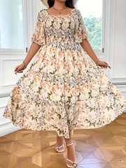 Women's Plus Floral Print Square Neck Maxi Dress