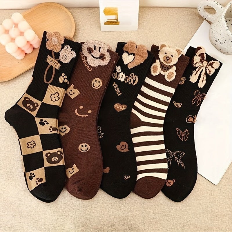 5 Pairs Bear & Bow Print Socks Women's Mid Tube Stockings