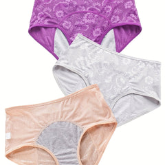 3 Pack Women's Plus Floral Jacquard Mid Waisted Leak Proof Period Briefs Set