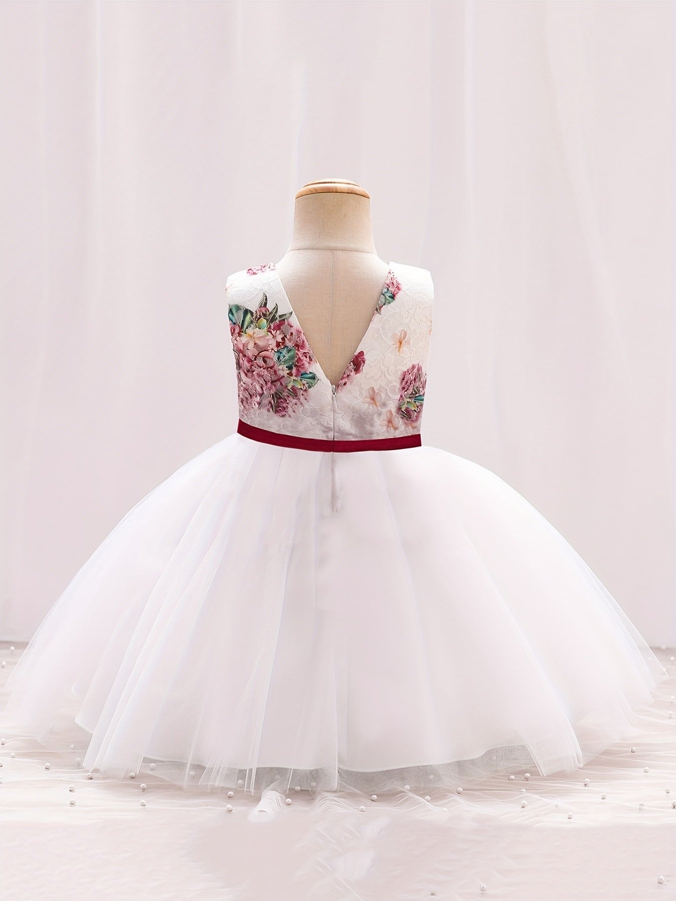 Baby Girls Floral Embroidery Bowknot Sleeveless Mesh Princess Dress