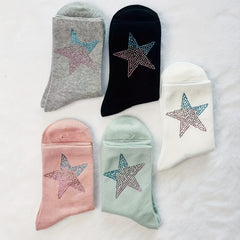 Star Rhinestone Decor Mid Tube Socks