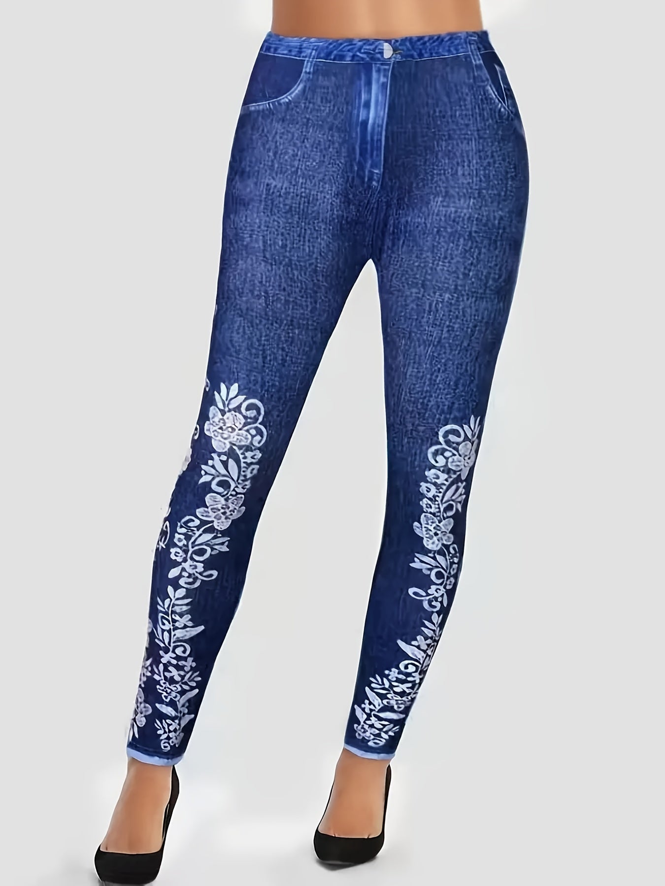 Floral Denim Print Leggings High Waist Workout Leggings