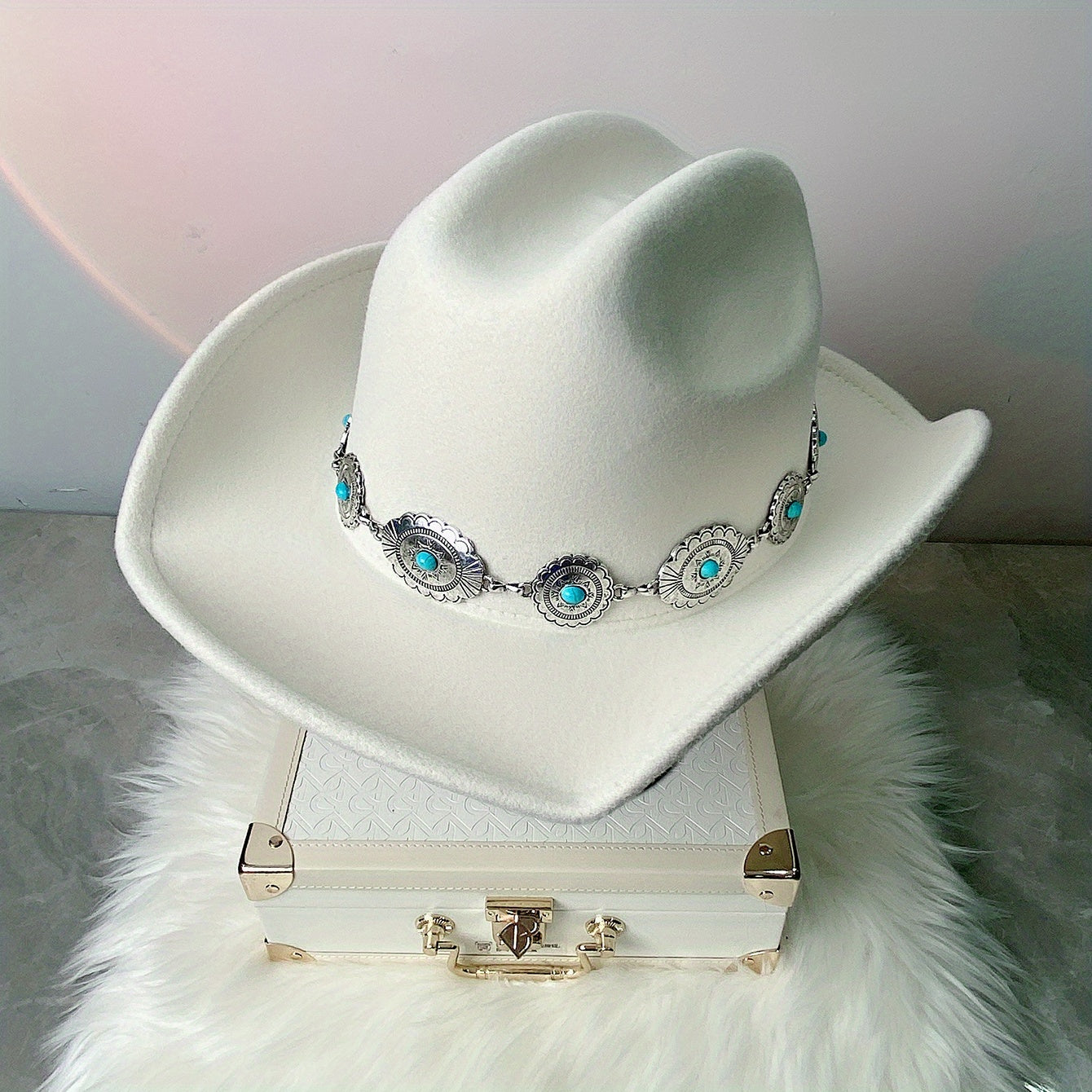 Boho Turquoise Chain Fedora Cap Vintage Solid Jazz Hat Unisex